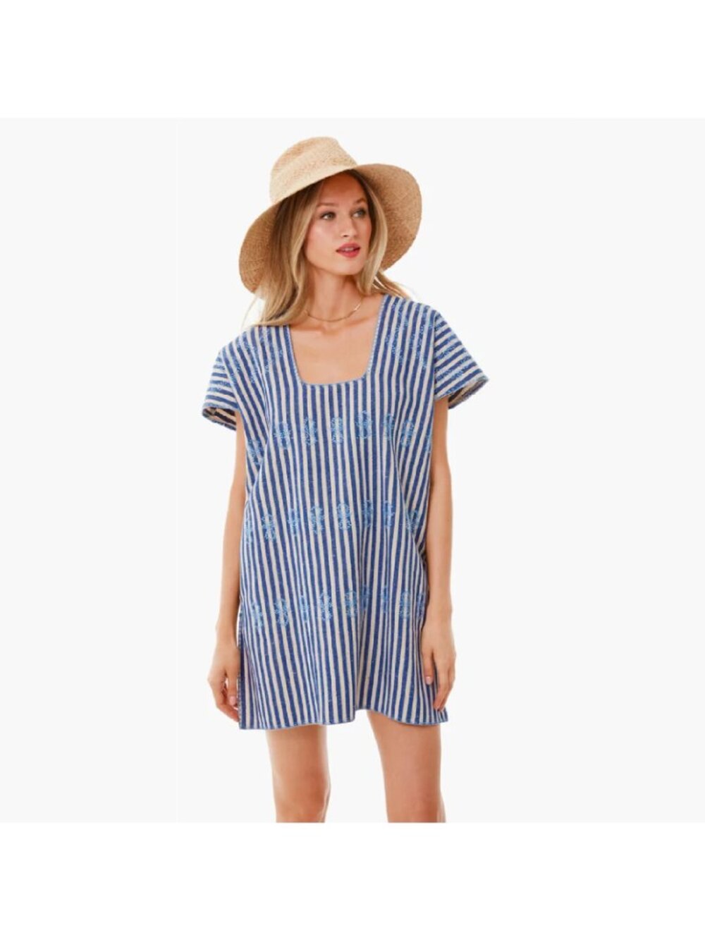 Tuckernuck Sullivan Embroidered Canvas Caftan sz XS Blue Stripe Mini Swim Cover